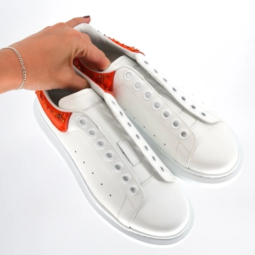 NEW Alexander Mcqueen Oversized Sneakers Sequin Beads White Red Leather Size 37